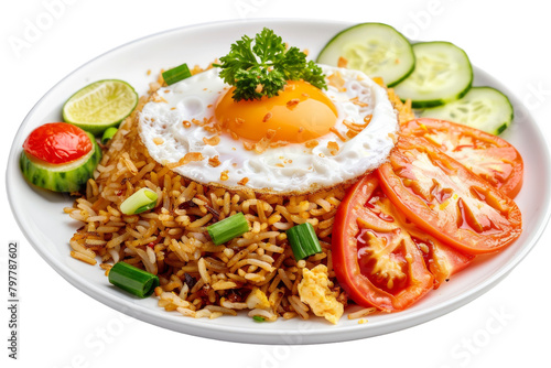A vibrant arrangement of rice, tomatoes, cucumbers, and a perfectly cooked egg