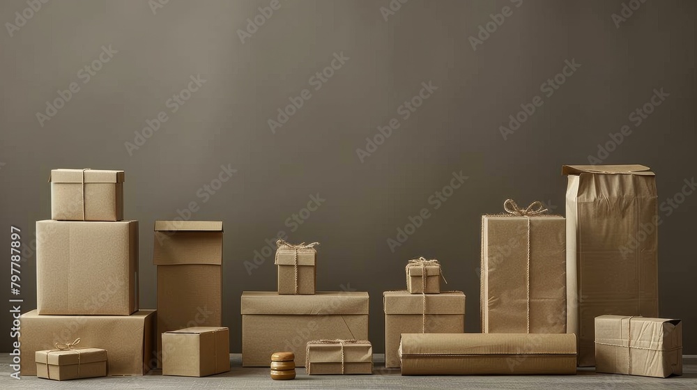A stack of cardboard boxes with a variety of shapes and sizes. The boxes are all brown and appear to be empty A stack of cardboard boxes with a variety of shapes and sizes. The boxes are all brown and appear to be empty