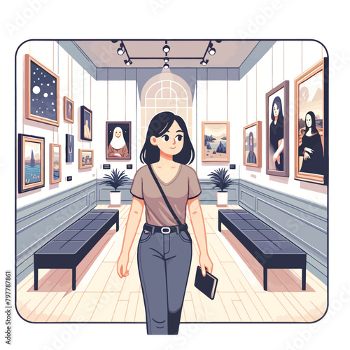 illustration of a person visiting a museum exploring an art gallery