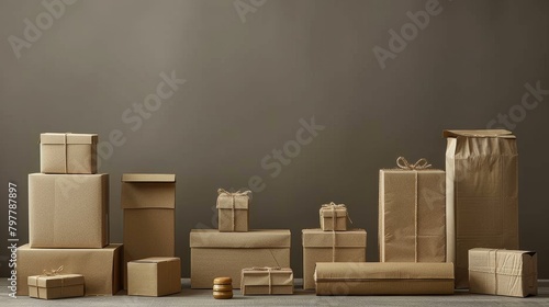 A stack of cardboard boxes with a variety of shapes and sizes. The boxes are all brown and appear to be empty photo