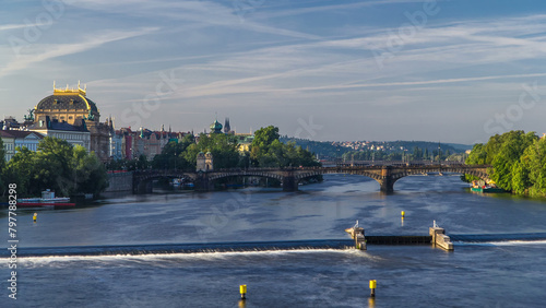 Vltava river timelapse in district Strelecky ostrov with the bridge of the Legions and National Theater building, Prague, Czech Republic photo