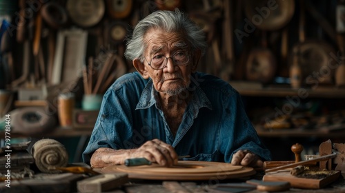 An old man is sitting at a table with a wooden object in front of him