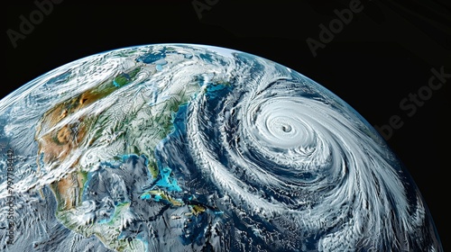 A satellite view of a massive hurricane swirling over the ocean near a landmass, displaying the distinct eye and spiral cloud bands of the storm. photo