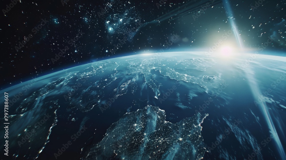 Obraz premium A digital artwork of Earth from space, showcasing continent outlines with city lights and a bright sun peeking over the horizon against a starry sky.