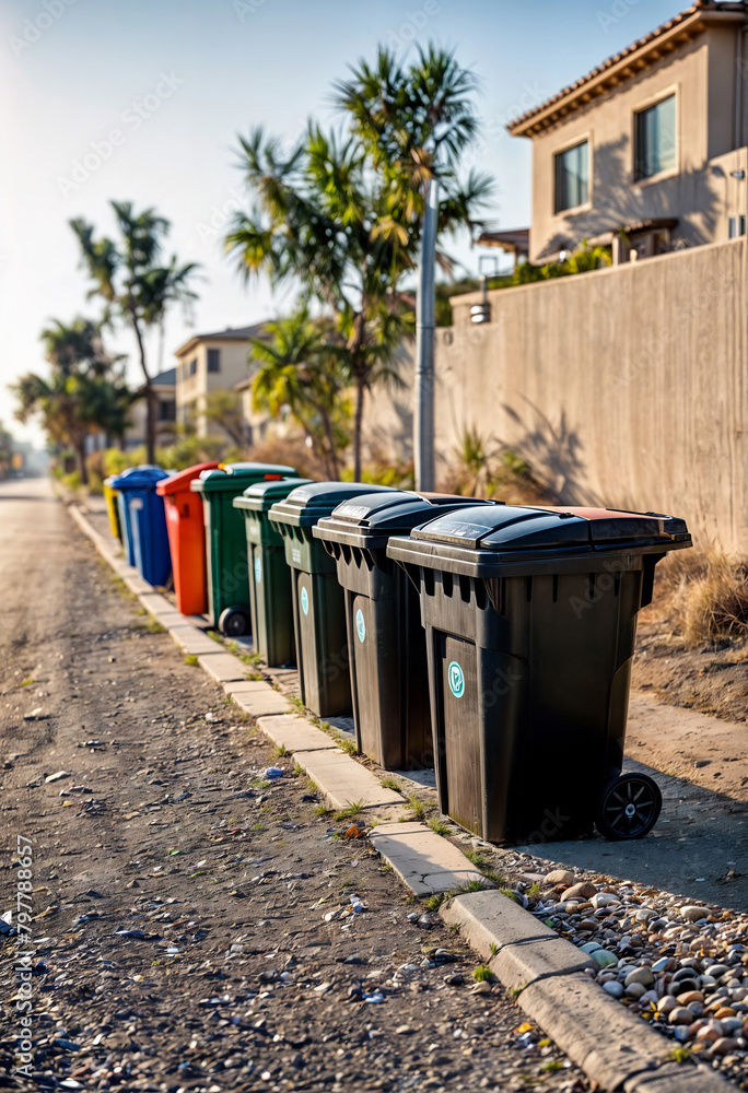 Large plastic bins with separate waste. Generative AI Large plastic bins with separate waste. Generative AI