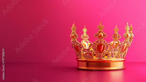 Ornate golden crown with gemstones on a vivid pink background, symbolizing royalty and elegance.
