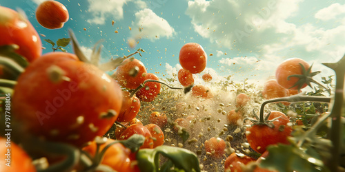 Leckere reife Tomaten und Wassertropfen Abstrakt als Nahaufnahme Foodfotografie im Querformat für Banner photo