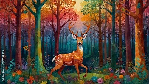 A whimsical scene with a cartoon deer frolicking amidst a forest alive with a kaleidoscope of colors ai_generated
