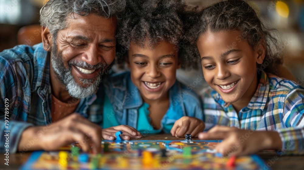 A man and two children are playing a board game together A man and two children are playing a board game together
