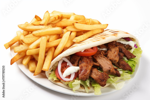 Kebab on white background. Fast kebab food. Sale of kebabs. Image for graphic designer. Image for flyers. Job offer.