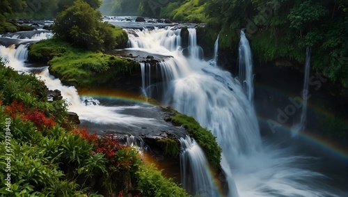 The mesmerizing cascade of a rainbow-hued waterfall against the lush green backdrop ai_generated