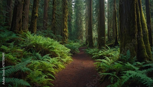 This image shows a path through a lush green forest. There are tall trees on either side of the path  and ferns line the ground.