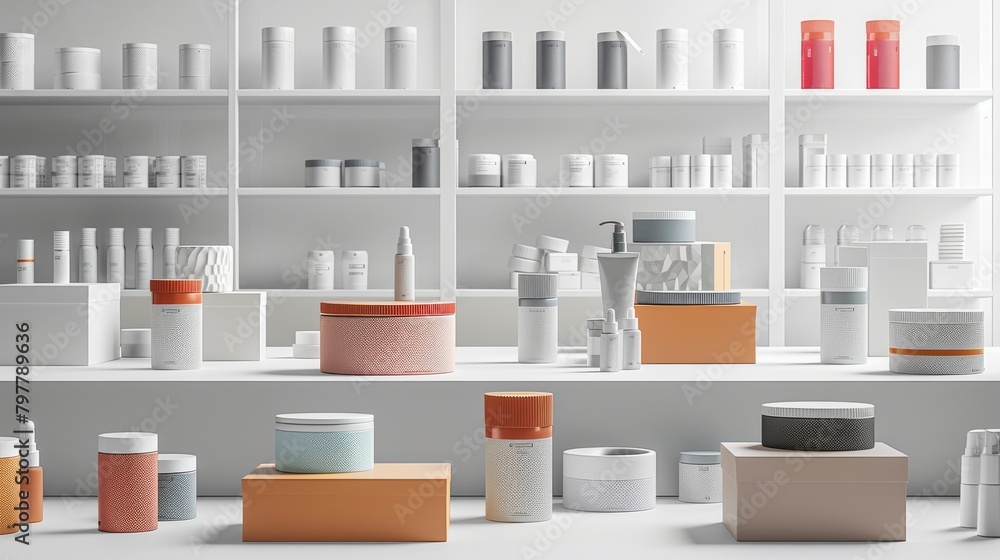 A store display of various containers, including some with a red and orange lid A store display of various containers, including some with a red and orange lid