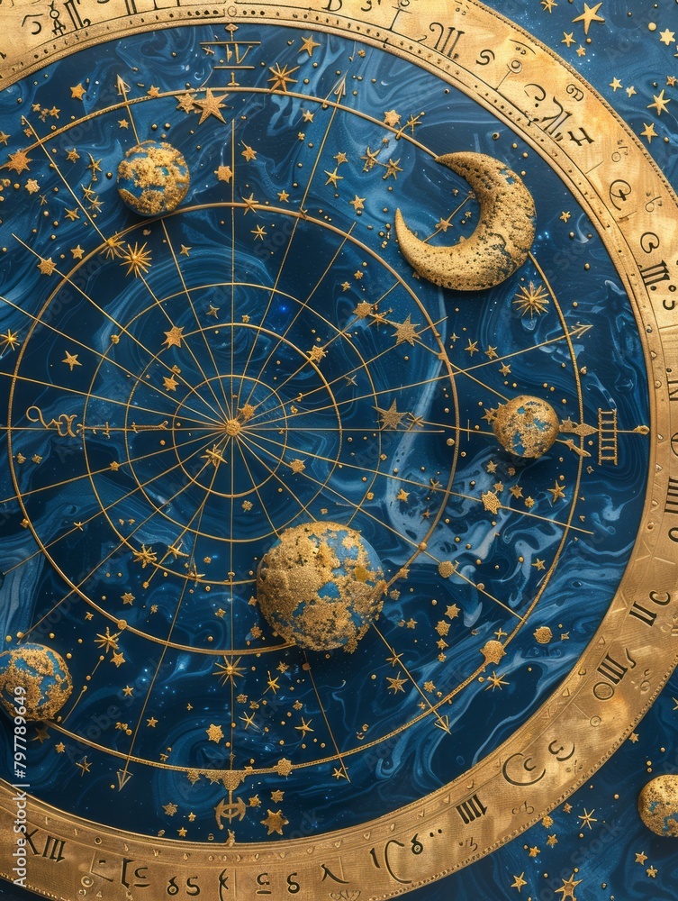 Fototapeta premium Celestial Zodiac Splendor: Dark Blue Background with Gold Astrological Zodiac Items and Symbols