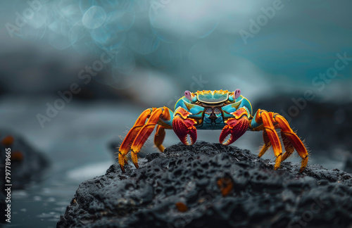 Close up of sally lightfoot crab on black rock, blue water in background