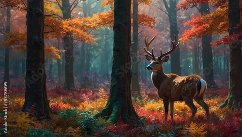 A vibrant forest where a playful cartoon deer explores amid a riot of colorful foliage ai_generated