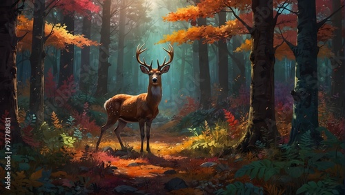 A vibrant forest where a playful cartoon deer explores amid a riot of colorful foliage ai_generated