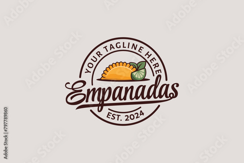 empanadas logo with a combination of an empanada, lime, leaves, and beautiful lettering for restaurants, food trucks, cafes, etc. Empanadas emblem logo.