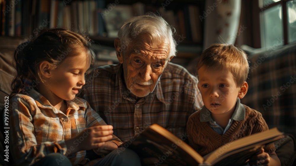 An old man reads a book to two children An old man reads a book to two children