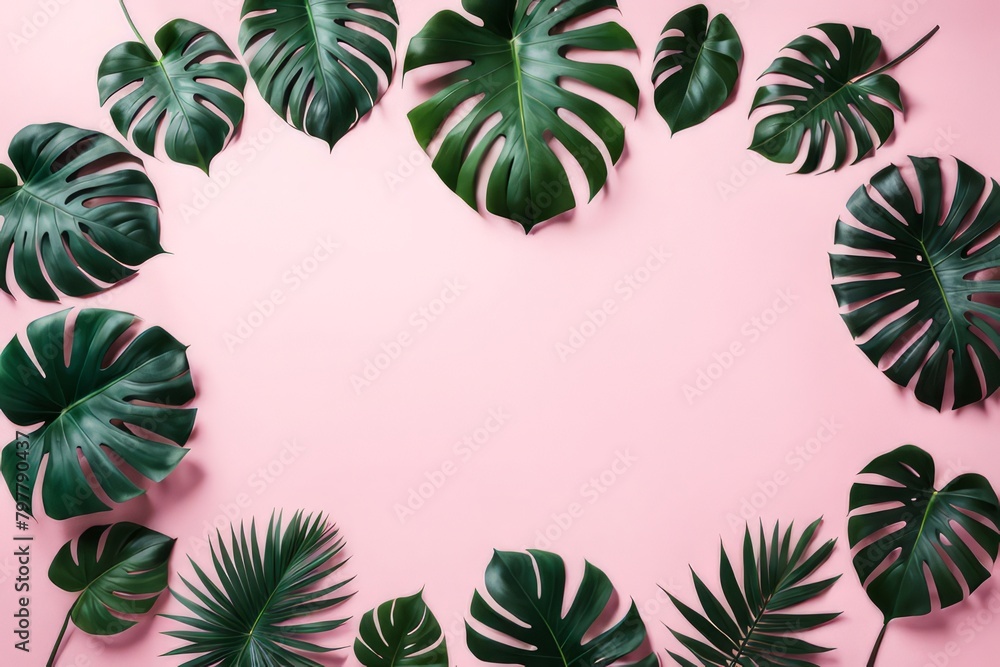 Tropical leaves on a pink background. Summer exotic botanical nature, minimal flat lay design with copy space