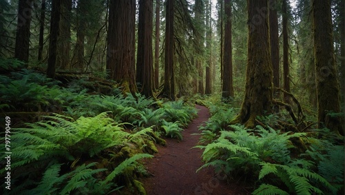 This image shows a path through a lush green forest. There are tall trees on either side of the path, and ferns line the ground. photo