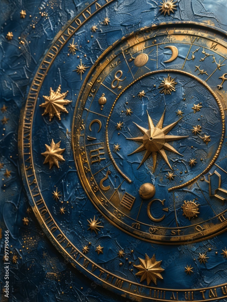 Obraz premium Celestial Zodiac Splendor: Dark Blue Background with Gold Astrological Zodiac Items and Symbols