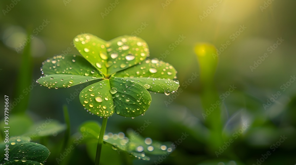 Shamrock leaf adorned with sparkling water droplets Shamrock leaf adorned with sparkling water droplets