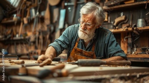 An old man is working on a project in a workshop. He is wearing an apron and he is focused on his task.