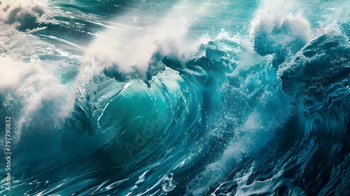 Tropical blue surfing wave. Generative Ai. No people. Beautiful deep blue tube wave in the Ocean. photo