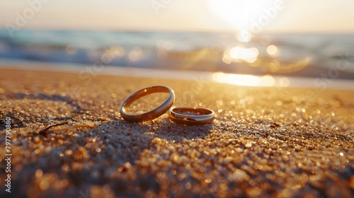 Wedding ring on beach sunset time