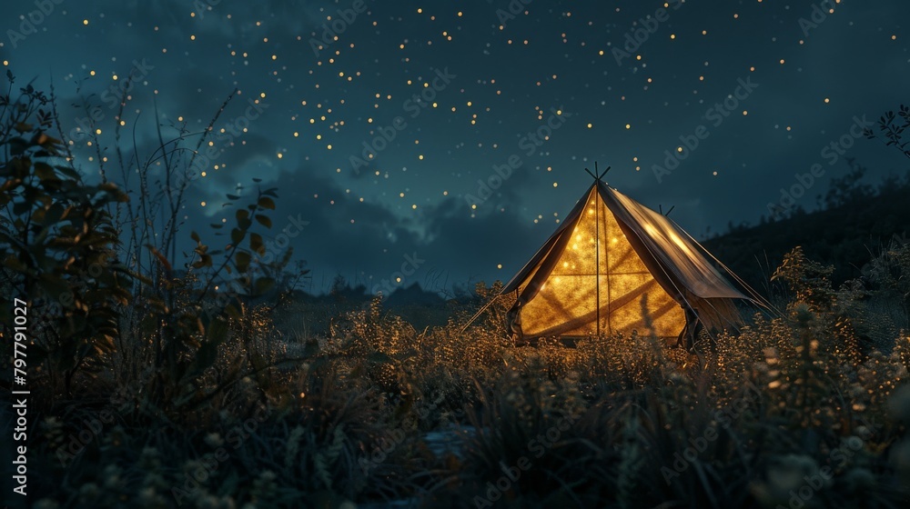 A small tent is lit up in the dark, surrounded by a field of grass