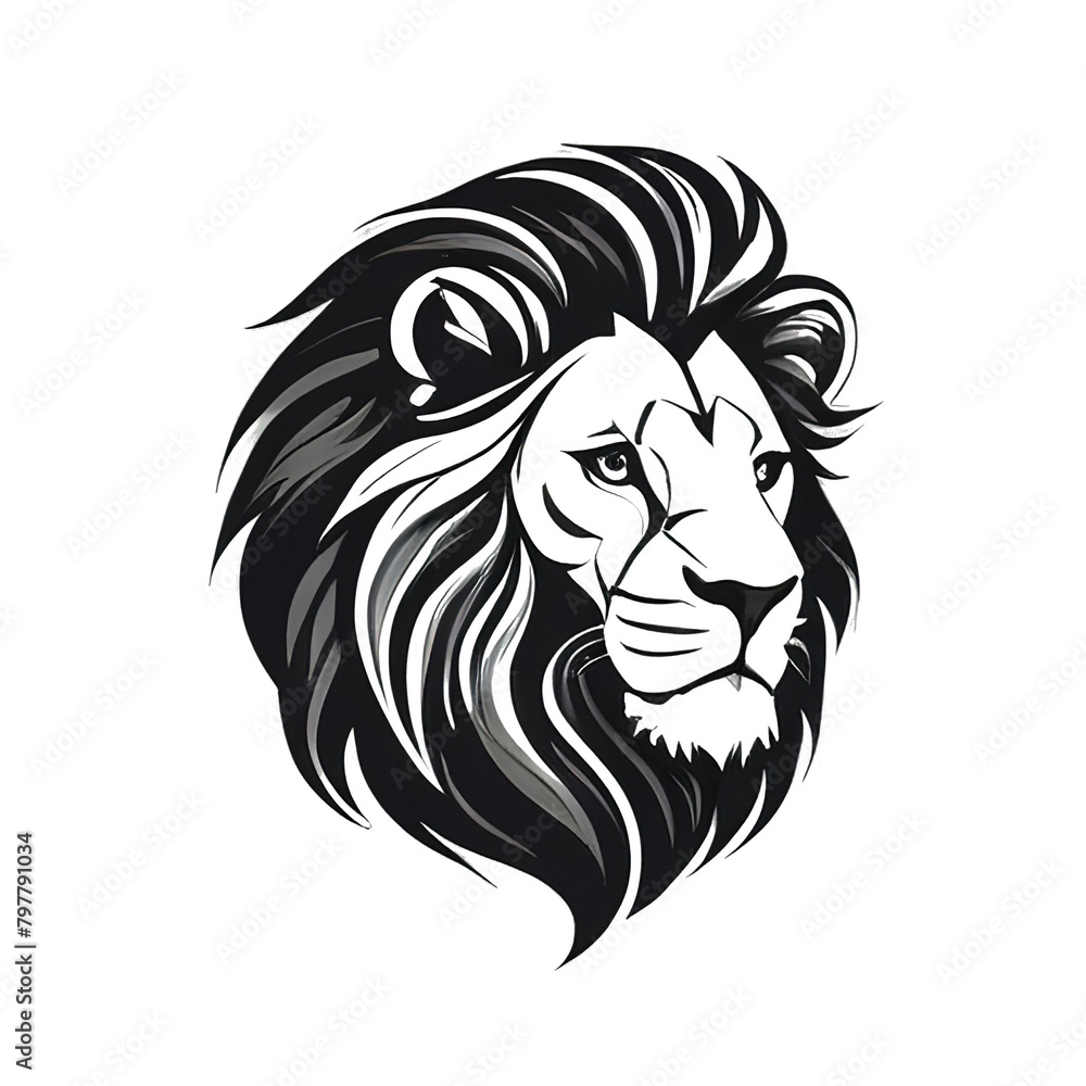 lion face  logo black and white illustration  vector.  Isolate background