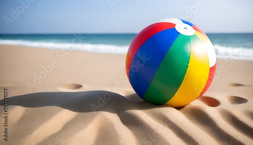 A colorful beach ball on a sandy beach with the ocean in the background