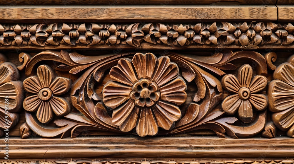 A close-up view of intricate hand-carved patterns on a molding.