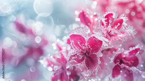 abstract background of close up of pink and red frozen flowers in ice  ice with frozen red flowers