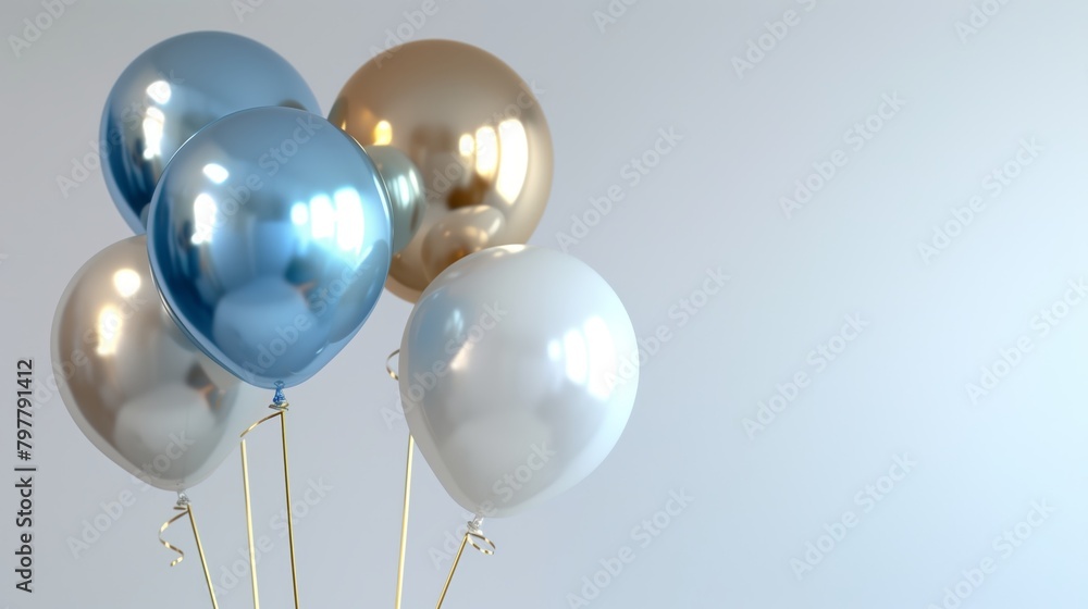 Happy birthday background with balloons in blue, white, and gold themes. banner, celebration, greeting card, background. Happy birthday background with balloons in blue, white, and gold themes. banner, celebration, greeting card, background.