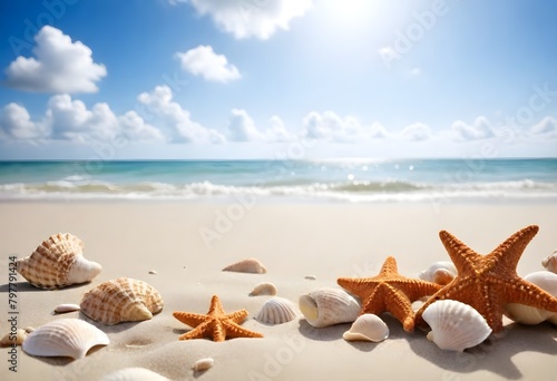 A sandy beach with seashells and starfish on the shore, with a cloudy blue sky in the background