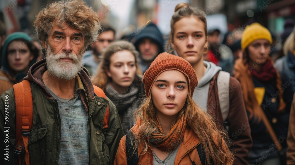 A group of people are walking down a street, one of them wearing a yellow jacket A group of people are walking down a street, one of them wearing a yellow jacket