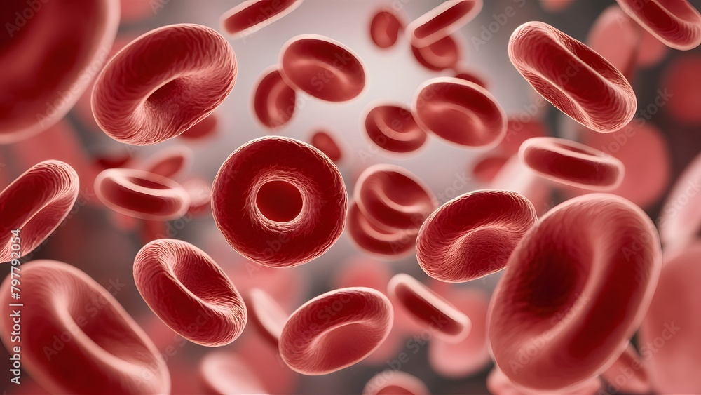 A close-up view of red blood cells, floating in what appears to be a bloodstream. The cells are spherical in shape, with a distinct red hue, and are evenly spaced throughout the frame. A close-up view of red blood cells, floating in what appears to be a bloodstream. The cells are spherical in shape, with a distinct red hue, and are evenly spaced throughout the frame.