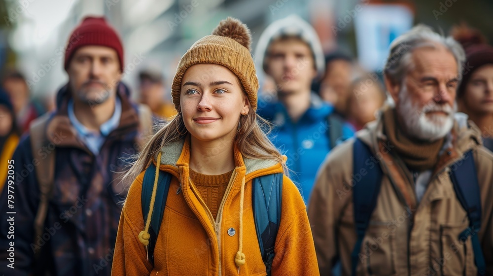 A group of people are walking down a street, one of them wearing a yellow jacket A group of people are walking down a street, one of them wearing a yellow jacket
