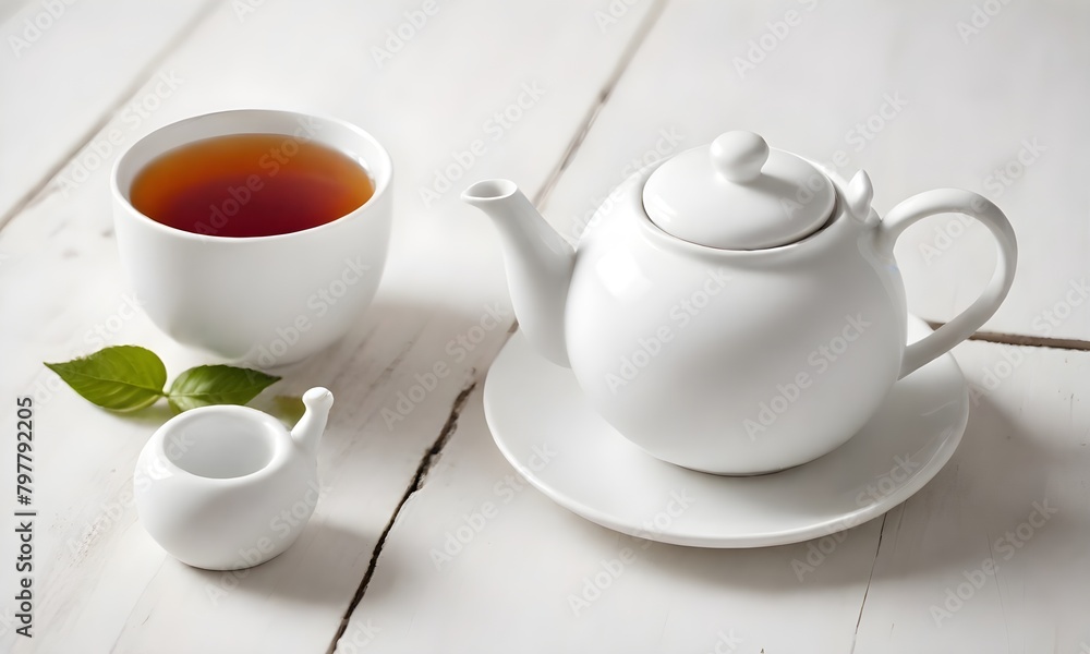 A white ceramic teapot and a cup of tea on a wooden table
