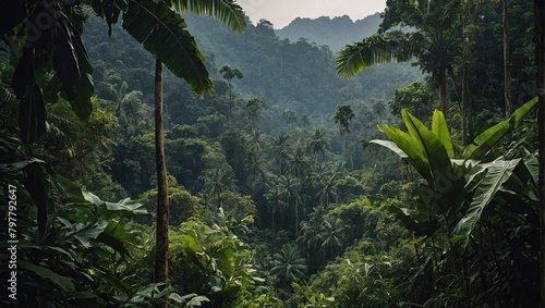 A lush green jungle with palm trees and other vegetation.  