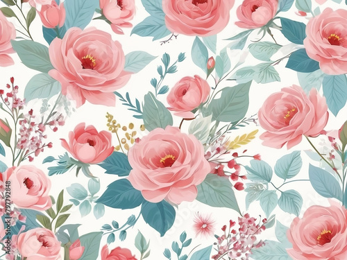 Seamless Pattern pink flower leaf botany beautiful 