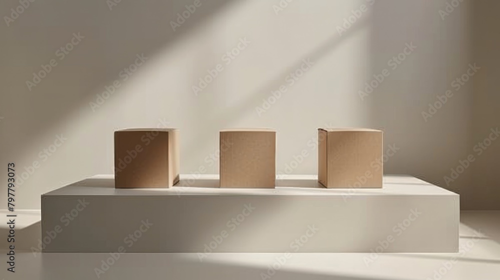 Three boxes are sitting on a white pedestal, with the sun shining on them Three boxes are sitting on a white pedestal, with the sun shining on them