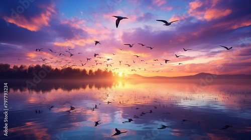 Colorful flock of birds soaring above a tranquil lake at dawn.