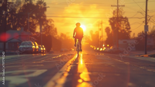 A man is riding a bicycle down a street at sunset