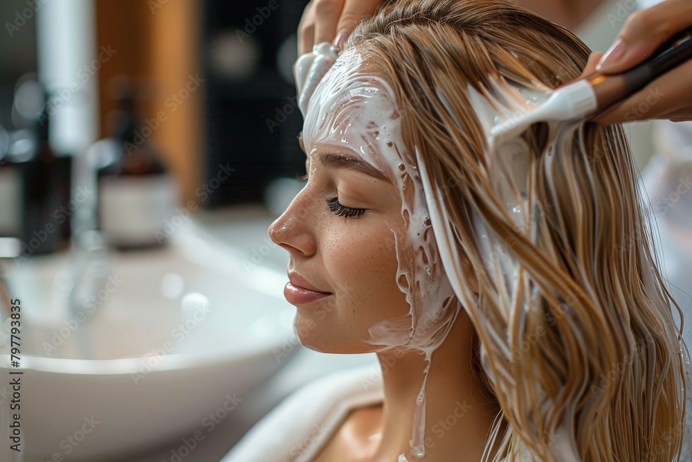 Fototapeta premium A hairdresser thoroughly washes a woman's long hair in a salon sink, preparing it for the subsequent beauty procedures
