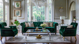 Opulent Hollywood Regency living room with luxe finishes. Emerald velvet sofa, coordinating armchairs, mirrored coffee table. Glamorous chandelier, metallic wallpaper. Luxe and sophisticated.