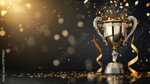 Golden trophy cup with confetti and ribbons on dark background 3D illustration. 