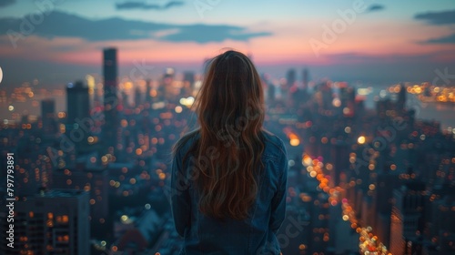 A woman with long hair stands in front of a city skyline at dusk